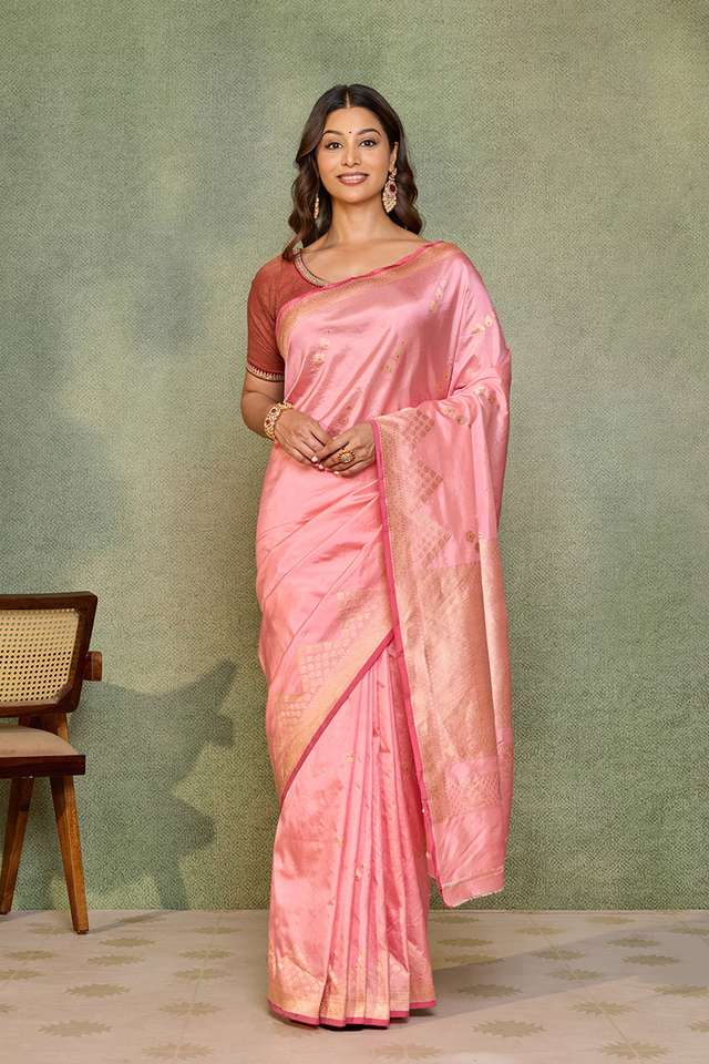 Light Pink Pure Silk Kadwa Banarasi Saree thumbnail image number null