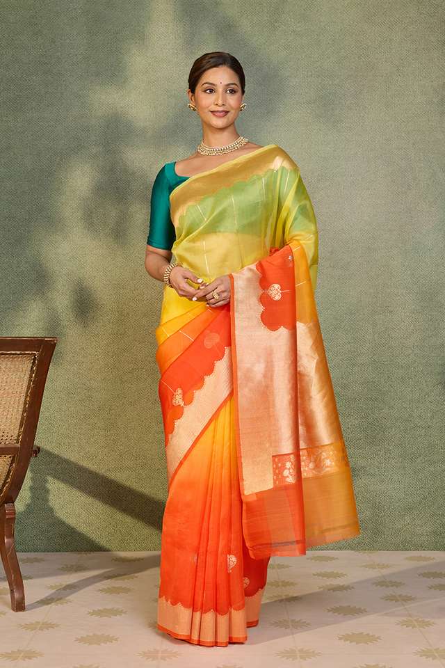 Yellow Pure Silk Organza Kadwa Banarasi Saree thumbnail image number null