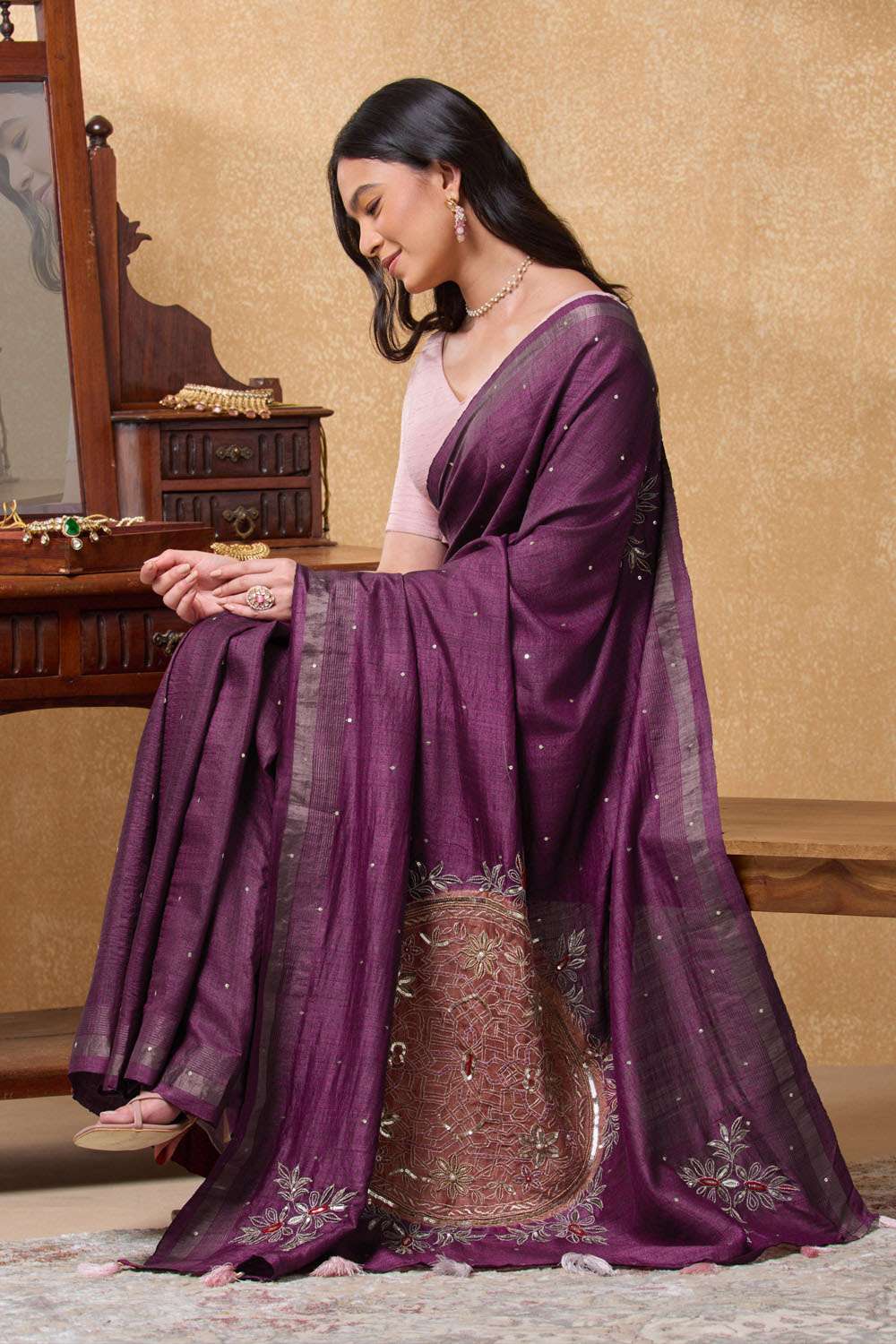 Purple Pure Tussar Silk Embroidered Saree image number null