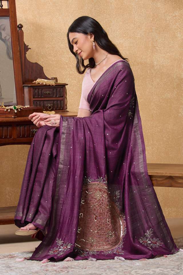 Purple Pure Tussar Silk Embroidered Saree image number