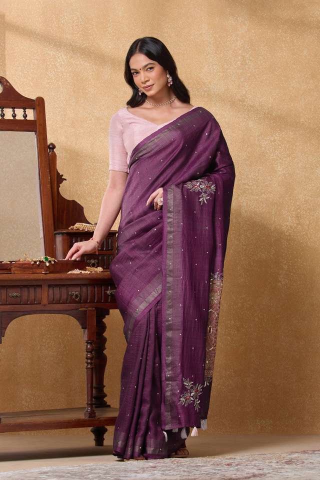 Purple Pure Tussar Silk Embroidered Saree thumbnail image number null