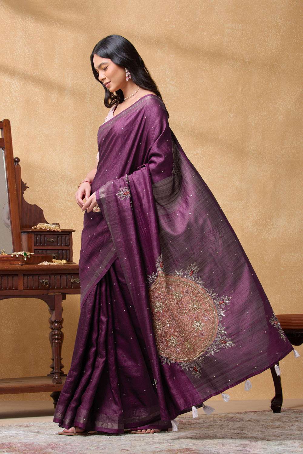 Purple Pure Tussar Silk Embroidered Saree image number null
