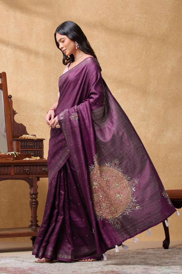 Purple Pure Tussar Silk Embroidered Saree thumbnail image number null