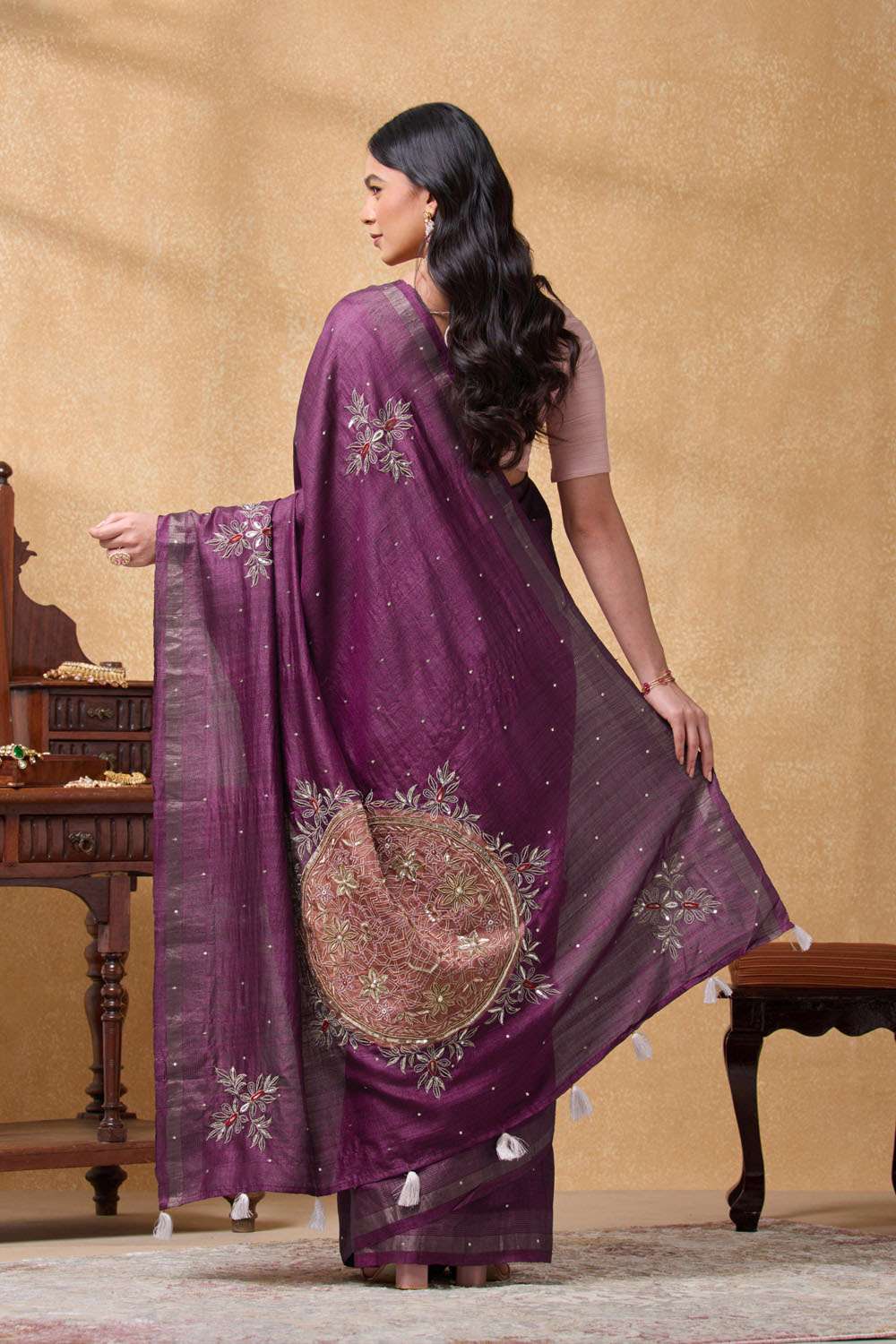 Purple Pure Tussar Silk Embroidered Saree image number null