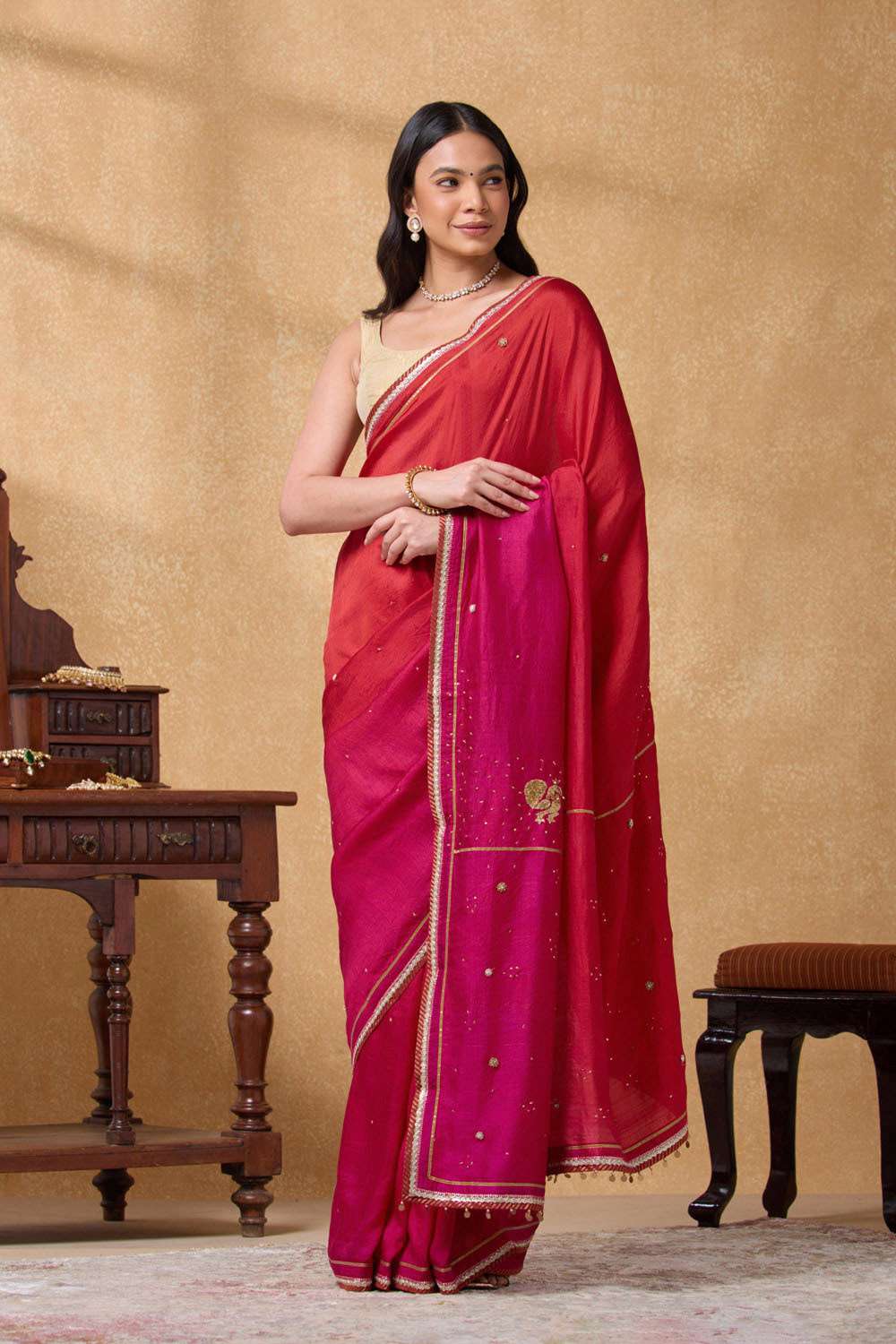 Red Pure Silk Embroidered Saree image number null