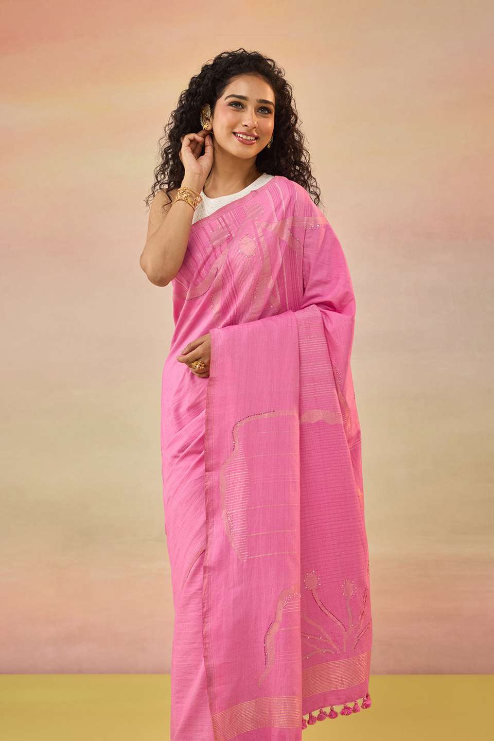 Pink Bengal Pure Tussar Cotton Jamdani Saree