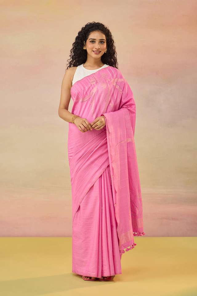 Pink Bengal Pure Tussar Cotton Jamdani Saree thumbnail image number null