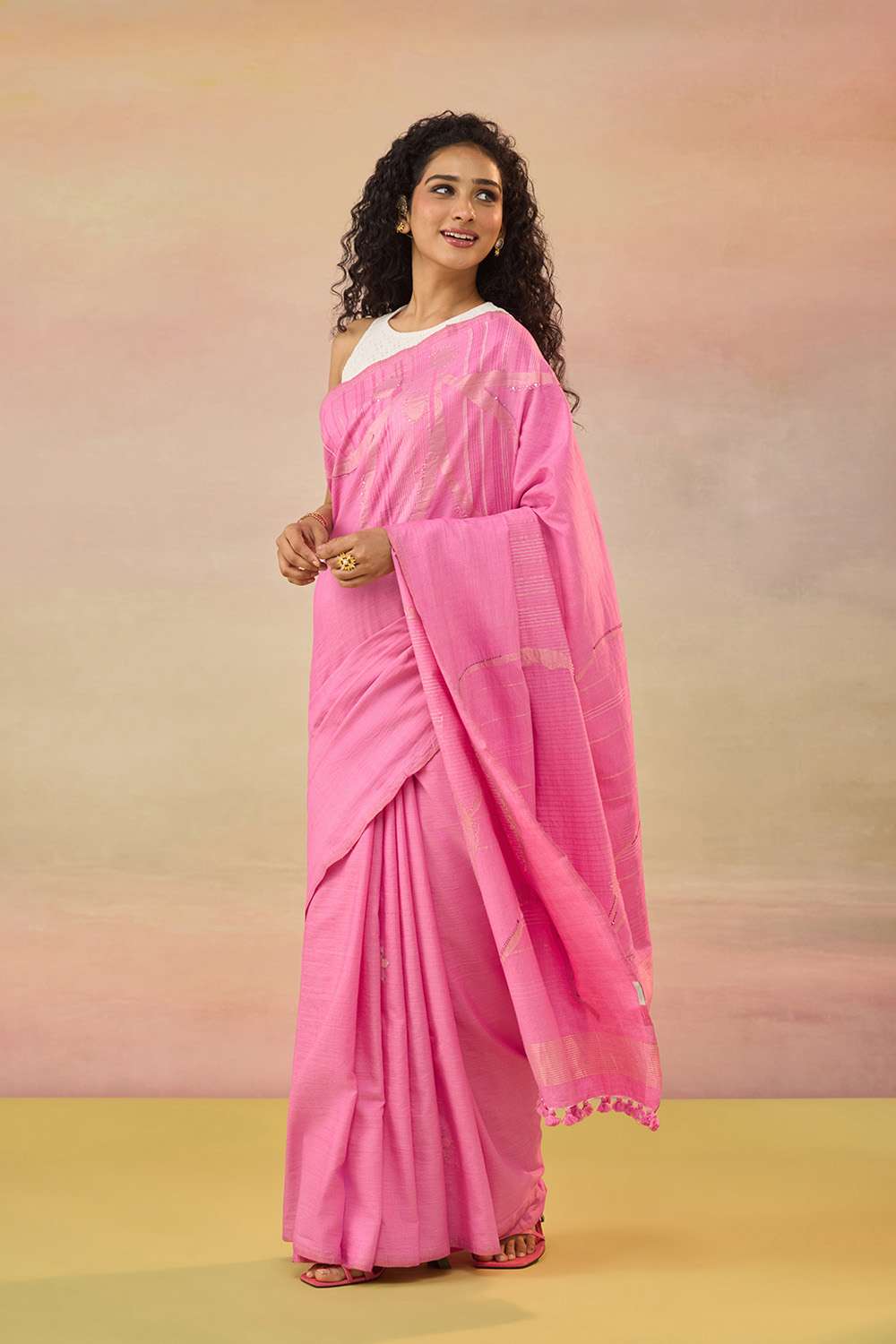 Pink Bengal Pure Tussar Cotton Jamdani Saree image number null