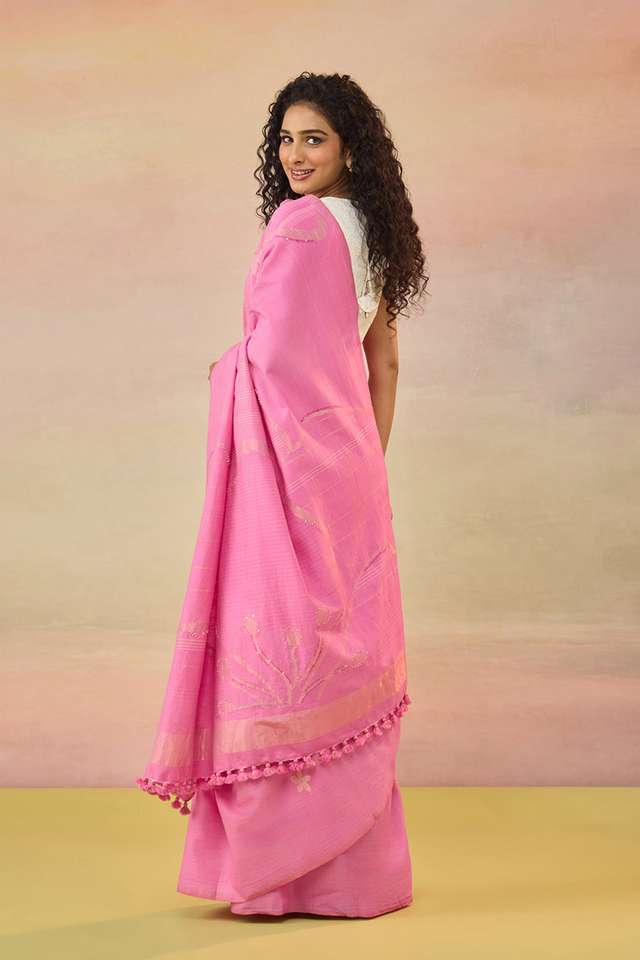 Pink Bengal Pure Tussar Cotton Jamdani Saree thumbnail image number null