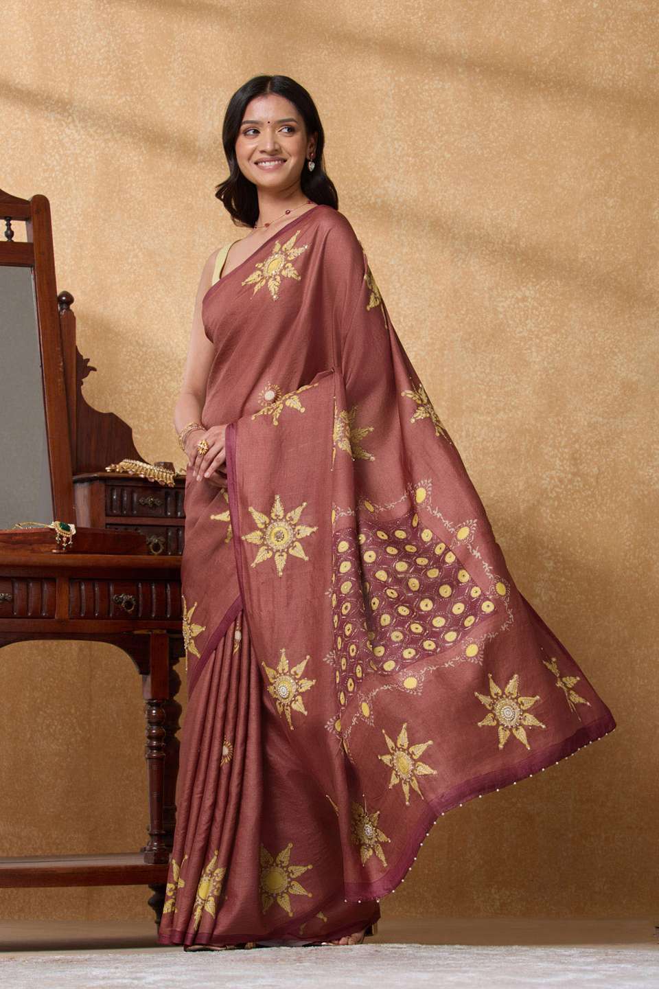 Light Red Pure Tussar Silk Printed Embroidery Saree
