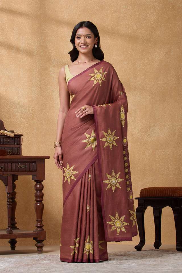 Light Red Pure Tussar Silk Printed Embroidery Saree thumbnail image number null