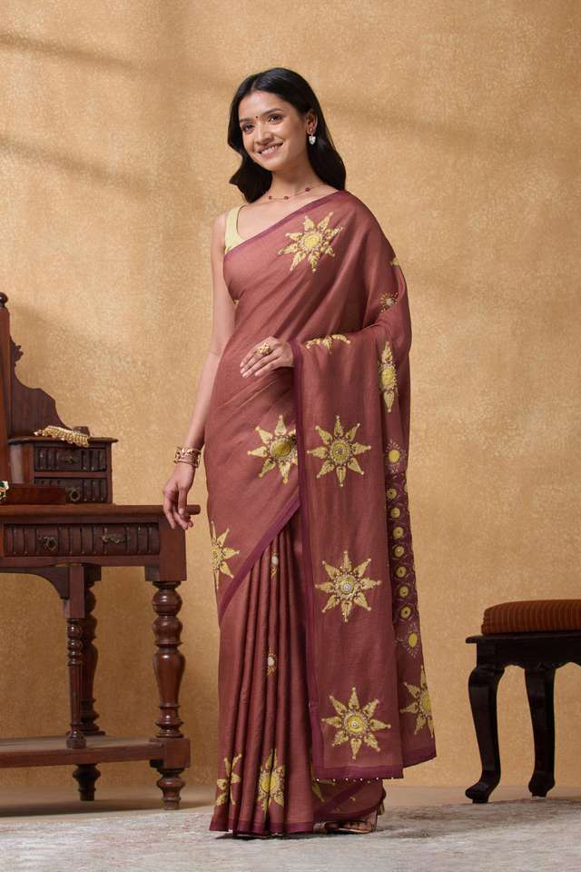 Light Red Pure Tussar Silk Printed Embroidery Saree thumbnail image number null