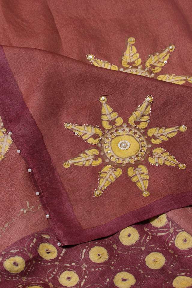 Light Red Pure Tussar Silk Printed Embroidery Saree thumbnail image number null