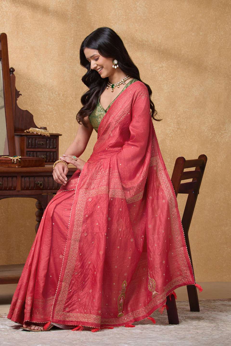 Red Pure Tussar Silk Printed Embroidery Saree