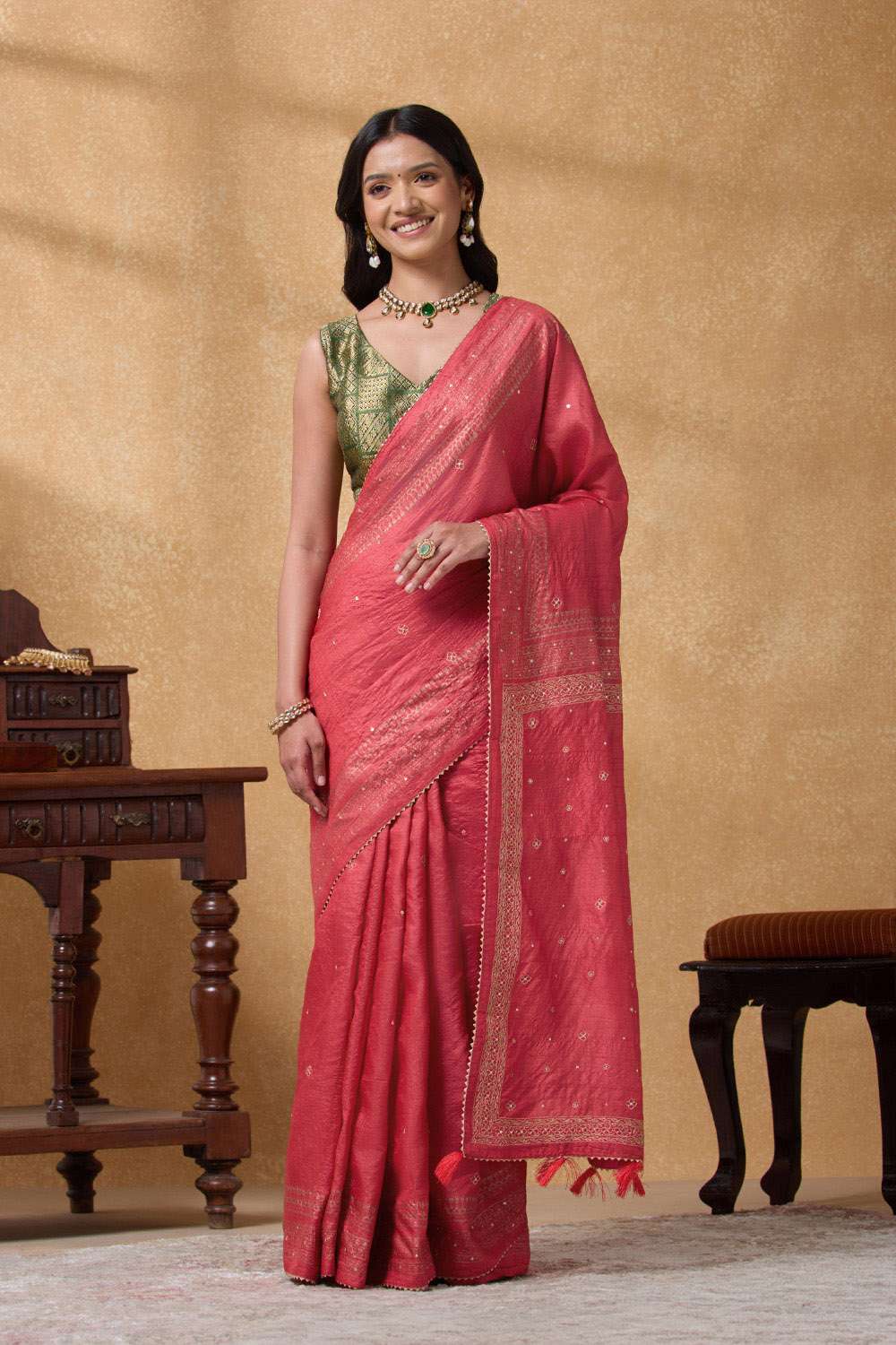 Red Pure Tussar Silk Printed Embroidery Saree image number null