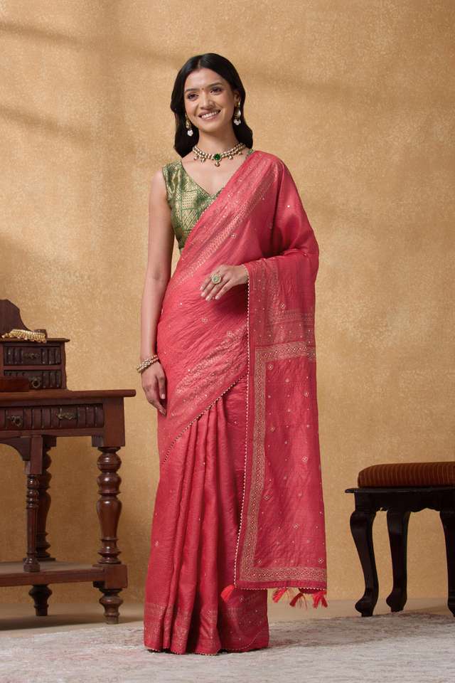 Red Pure Tussar Silk Printed Embroidery Saree thumbnail image number null