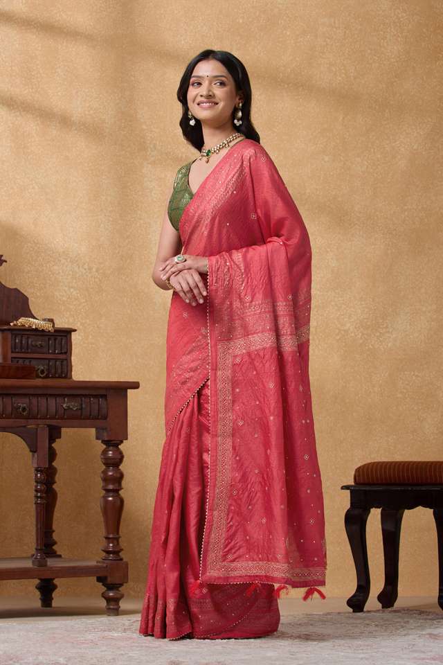 Red Pure Tussar Silk Printed Embroidery Saree thumbnail image number null