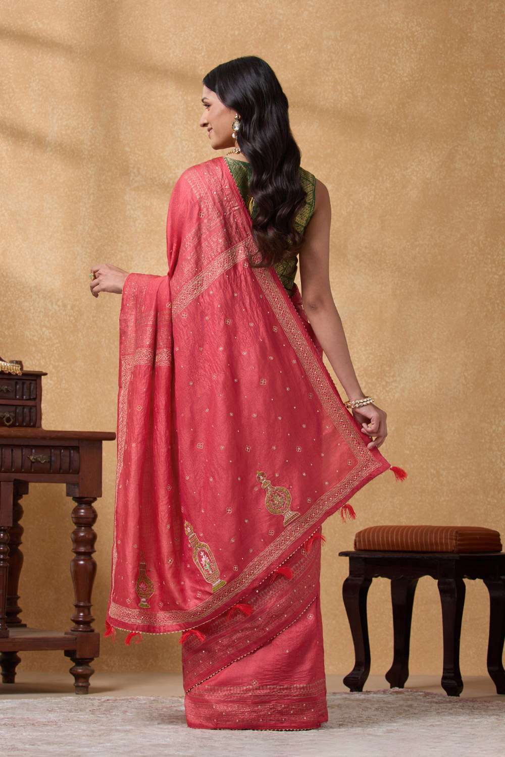 Red Pure Tussar Silk Printed Embroidery Saree image number null