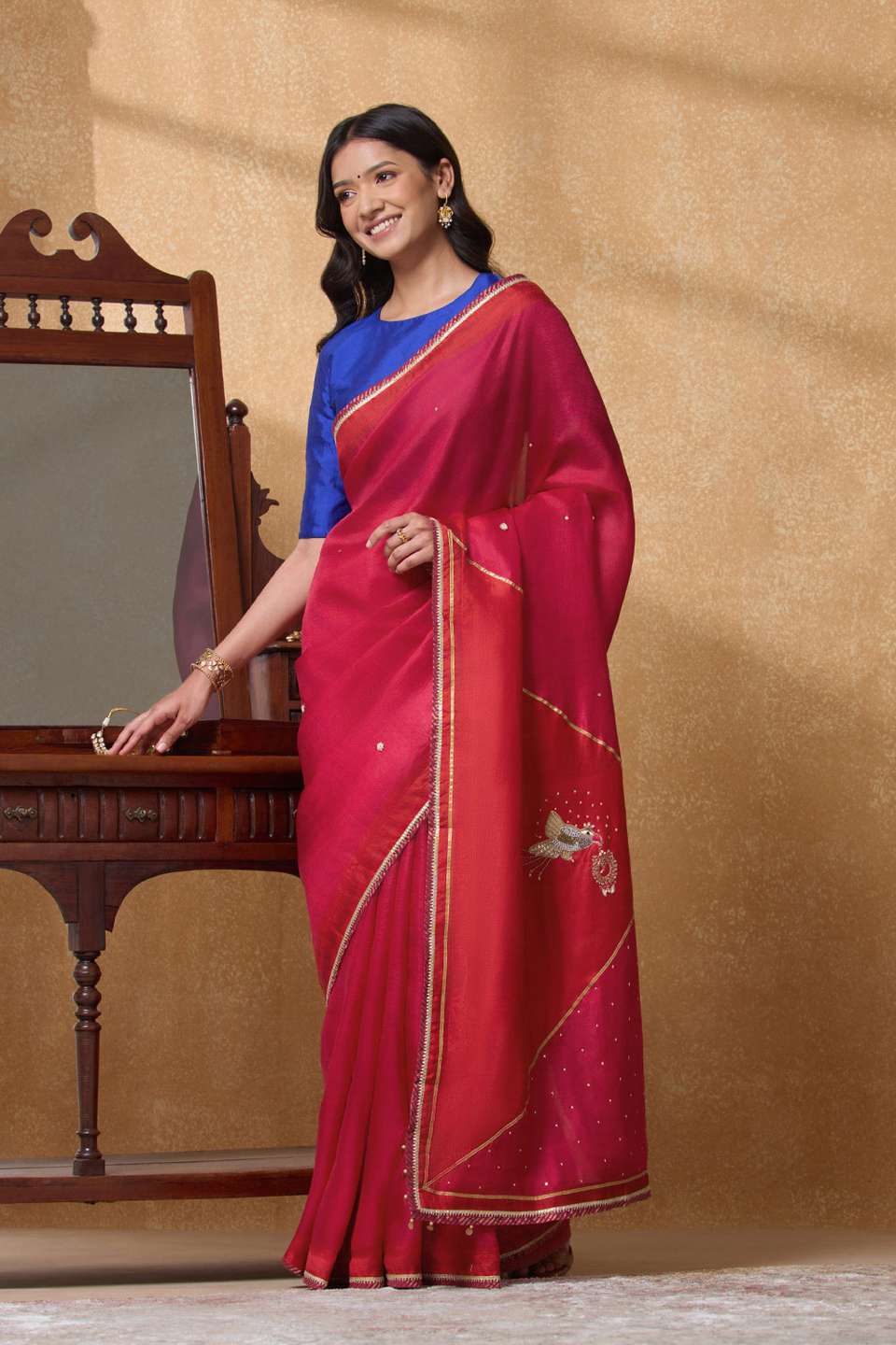 Dark Pink Pure Silk Embroidered Saree