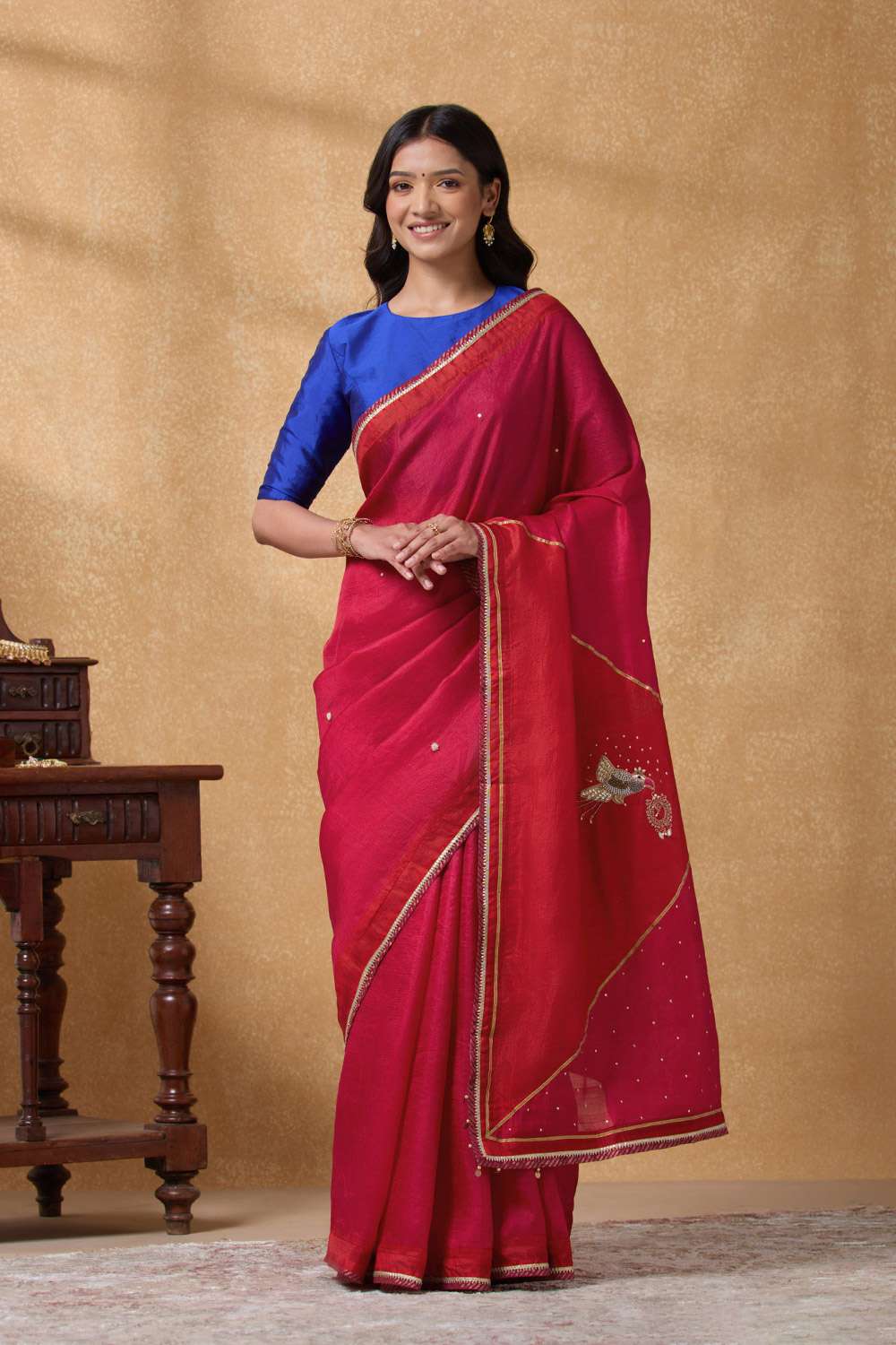 Dark Pink Pure Silk Embroidered Saree image number null