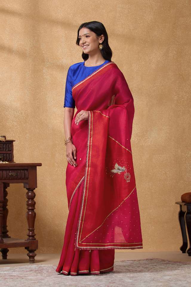 Dark Pink Pure Silk Embroidered Saree thumbnail image number null