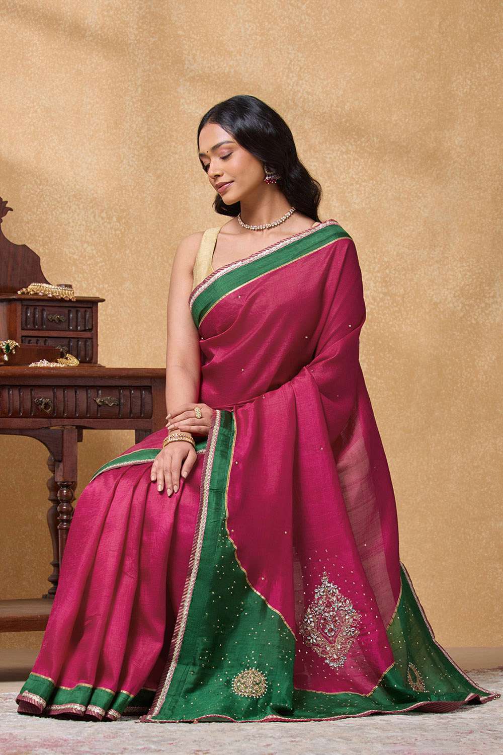 Dark Pink Pure Silk Embroidered Saree image number null