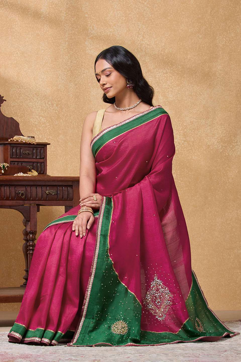 Dark Pink Pure Silk Embroidered Saree