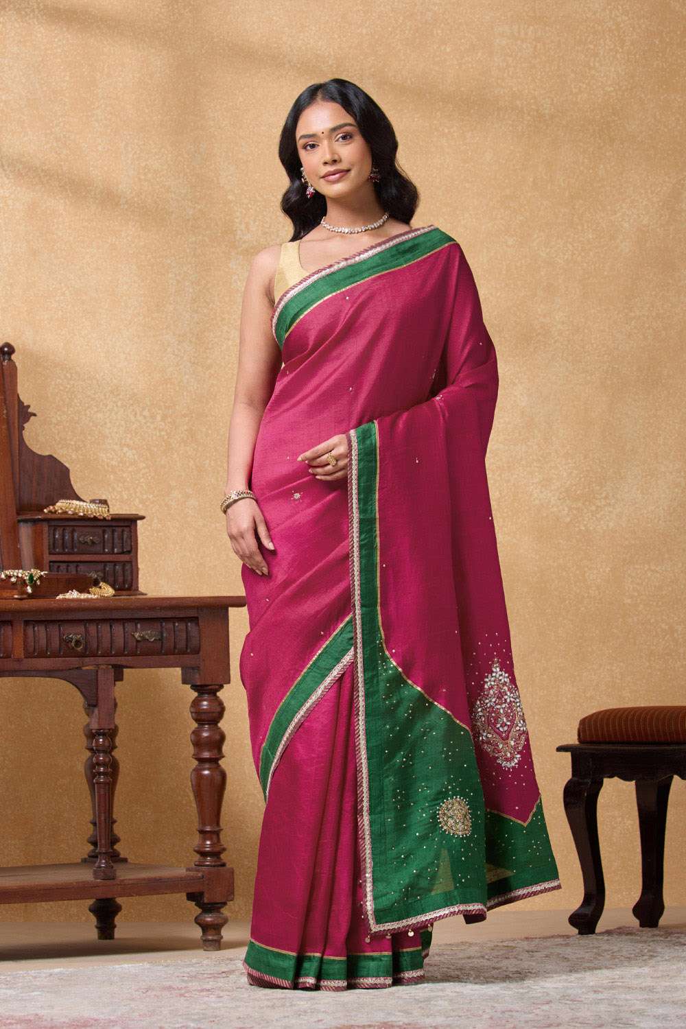 Dark Pink Pure Silk Embroidered Saree image number null