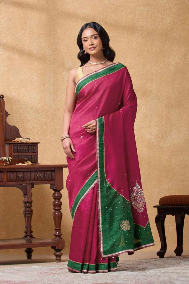 Dark Pink Pure Silk Embroidered Saree thumbnail image number null