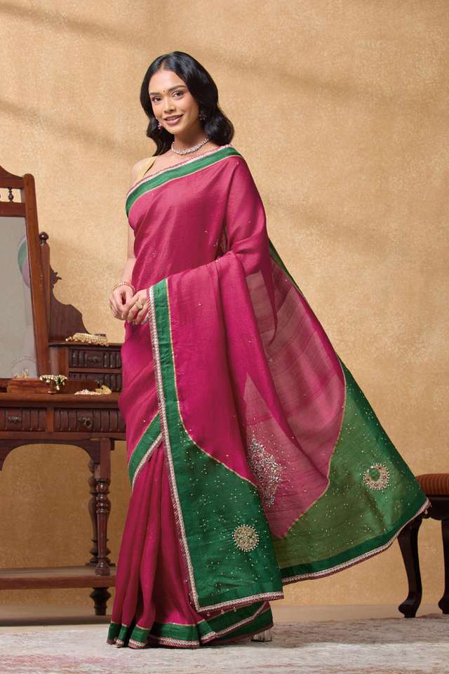 Dark Pink Pure Silk Embroidered Saree thumbnail image number null