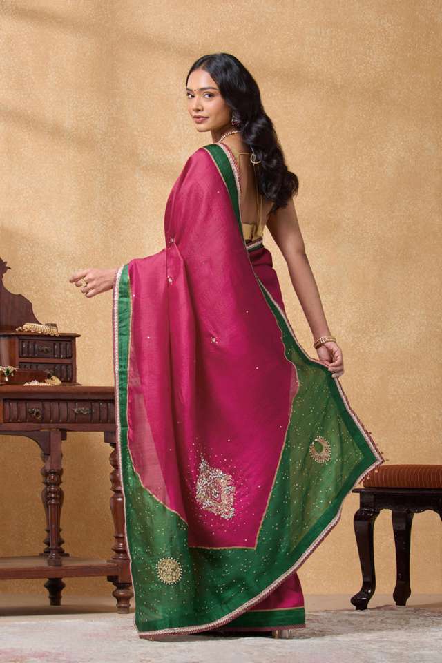 Dark Pink Pure Silk Embroidered Saree thumbnail image number null
