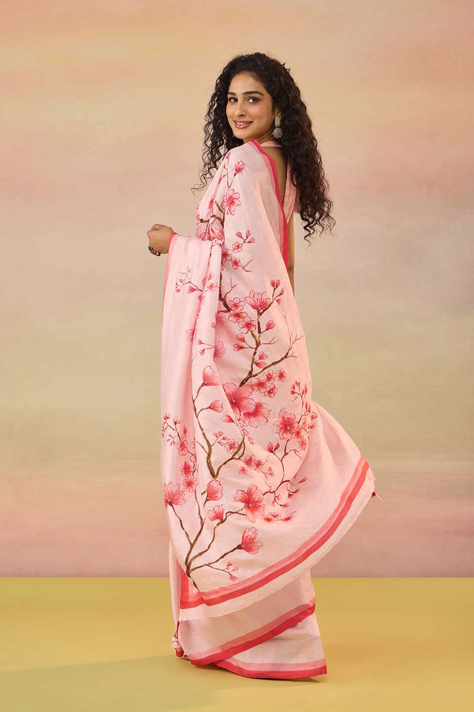 Light Pink Bengal Pure Silk Hand Painted Embroidered Saree