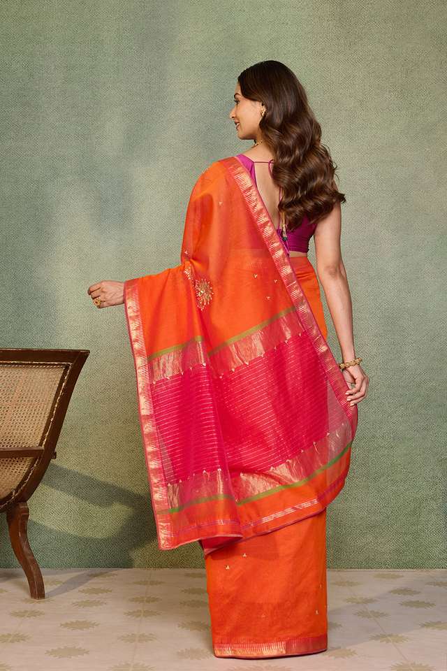 Orange Maheshwari Pure Silk Cotton Gotta Patti Saree thumbnail image number null