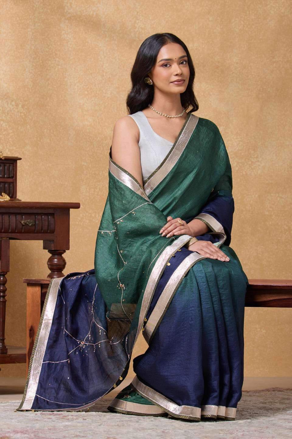 Multi Pure Tussar Silk Embroidered Saree