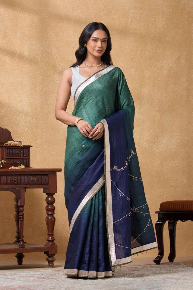 Multi Pure Tussar Silk Embroidered Saree thumbnail image number null