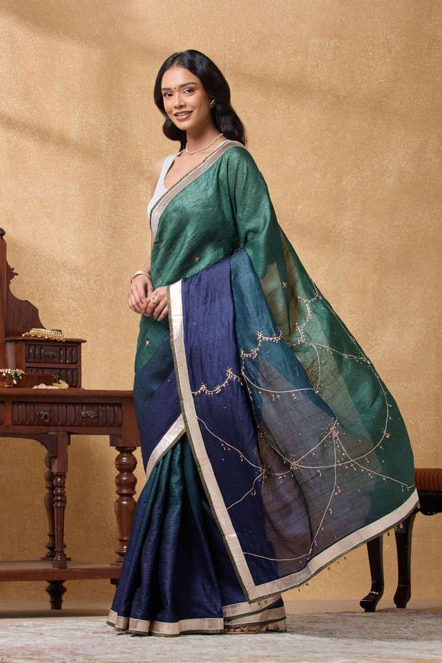 Multi Pure Tussar Silk Embroidered Saree thumbnail image number null