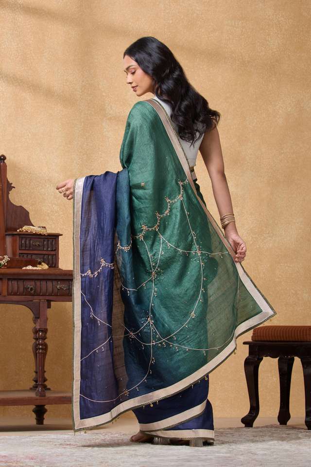 Multi Pure Tussar Silk Embroidered Saree thumbnail image number null