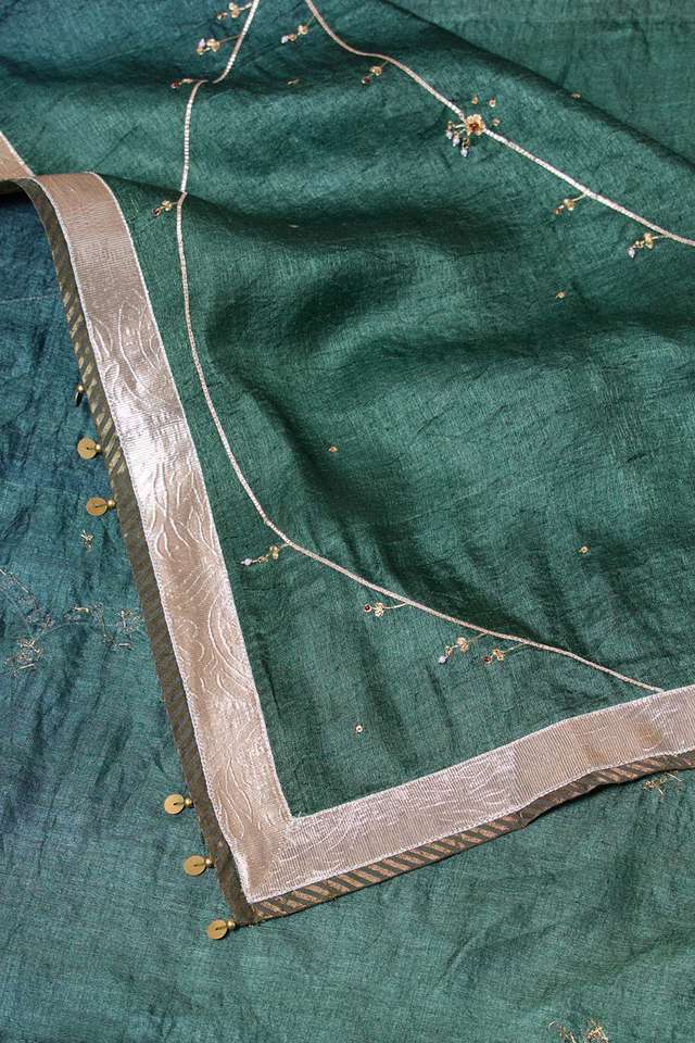 Multi Pure Tussar Silk Embroidered Saree thumbnail image number null