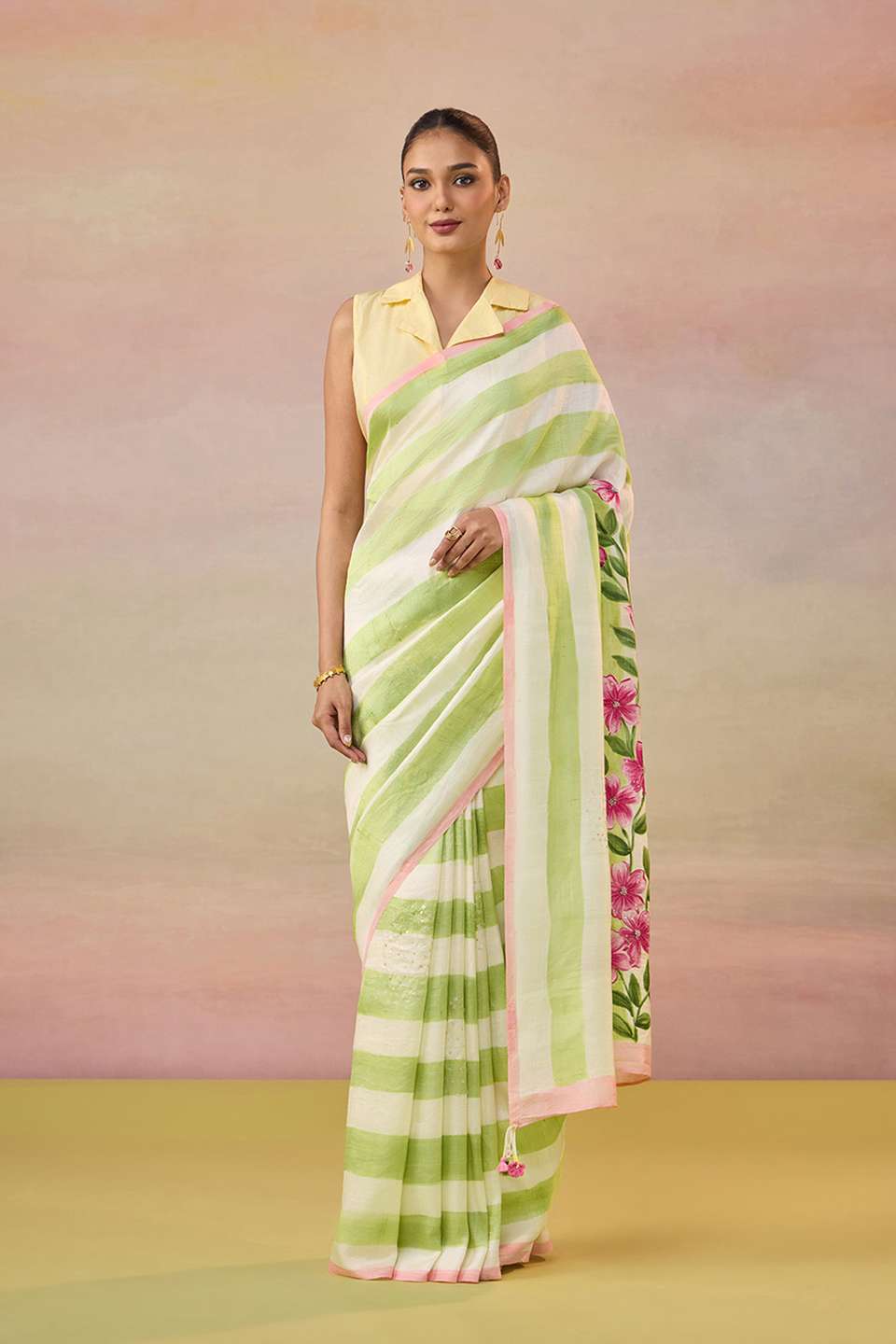 Light Green Bengal Pure Silk Hand Painted Embroidered Saree