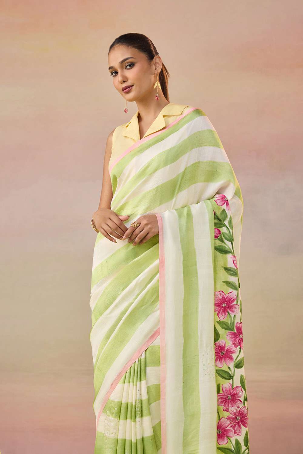 Light Green Bengal Pure Silk Hand Painted Embroidered Saree image number null