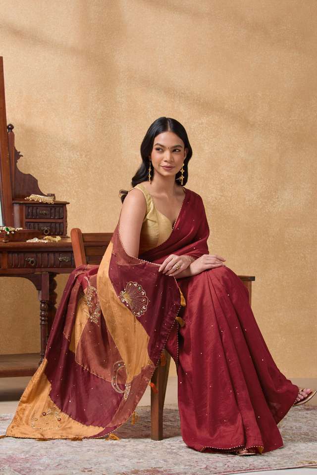Red Pure Silk Embroidered Saree image number