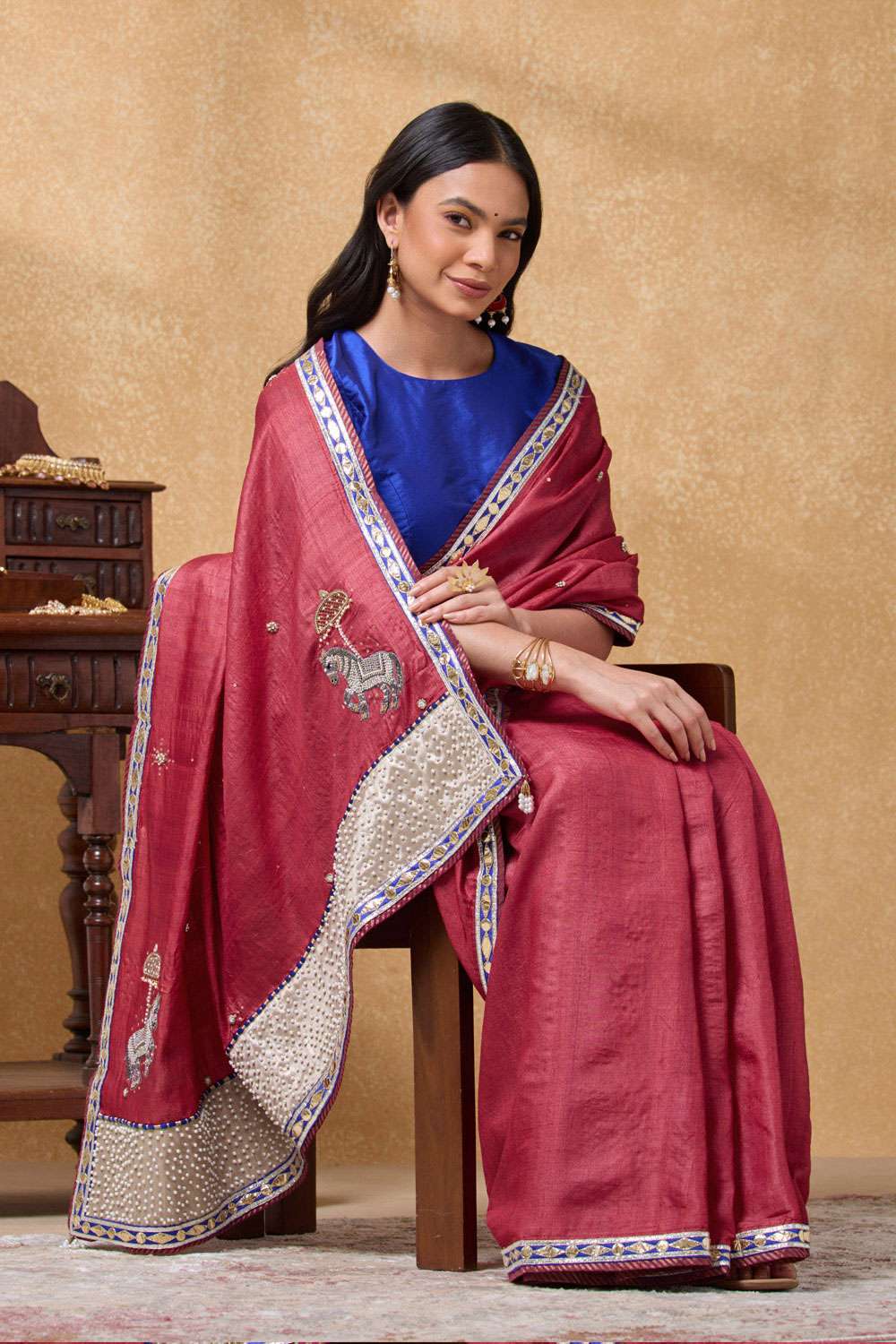 Red Pure Tussar Silk Embroidered Saree image number null