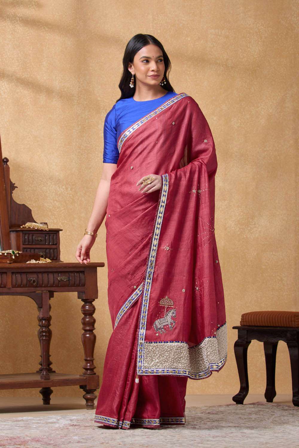 Red Pure Tussar Silk Embroidered Saree image number null