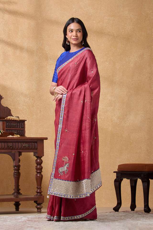 Red Pure Tussar Silk Embroidered Saree thumbnail image number null