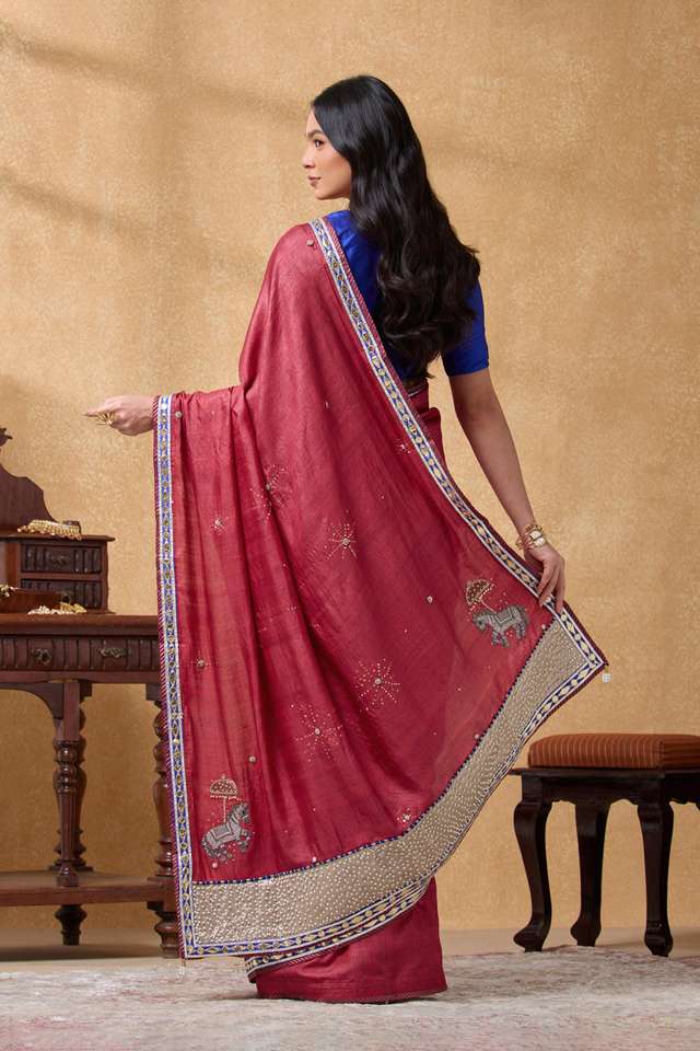 Red Pure Tussar Silk Embroidered Saree thumbnail image number null