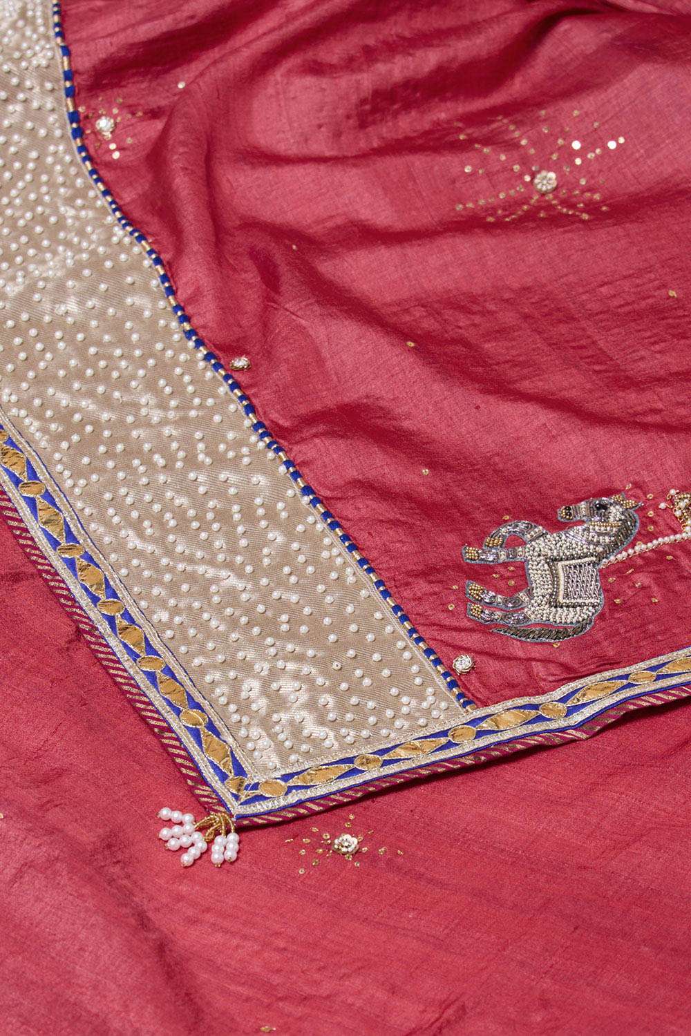 Red Pure Tussar Silk Embroidered Saree image number null
