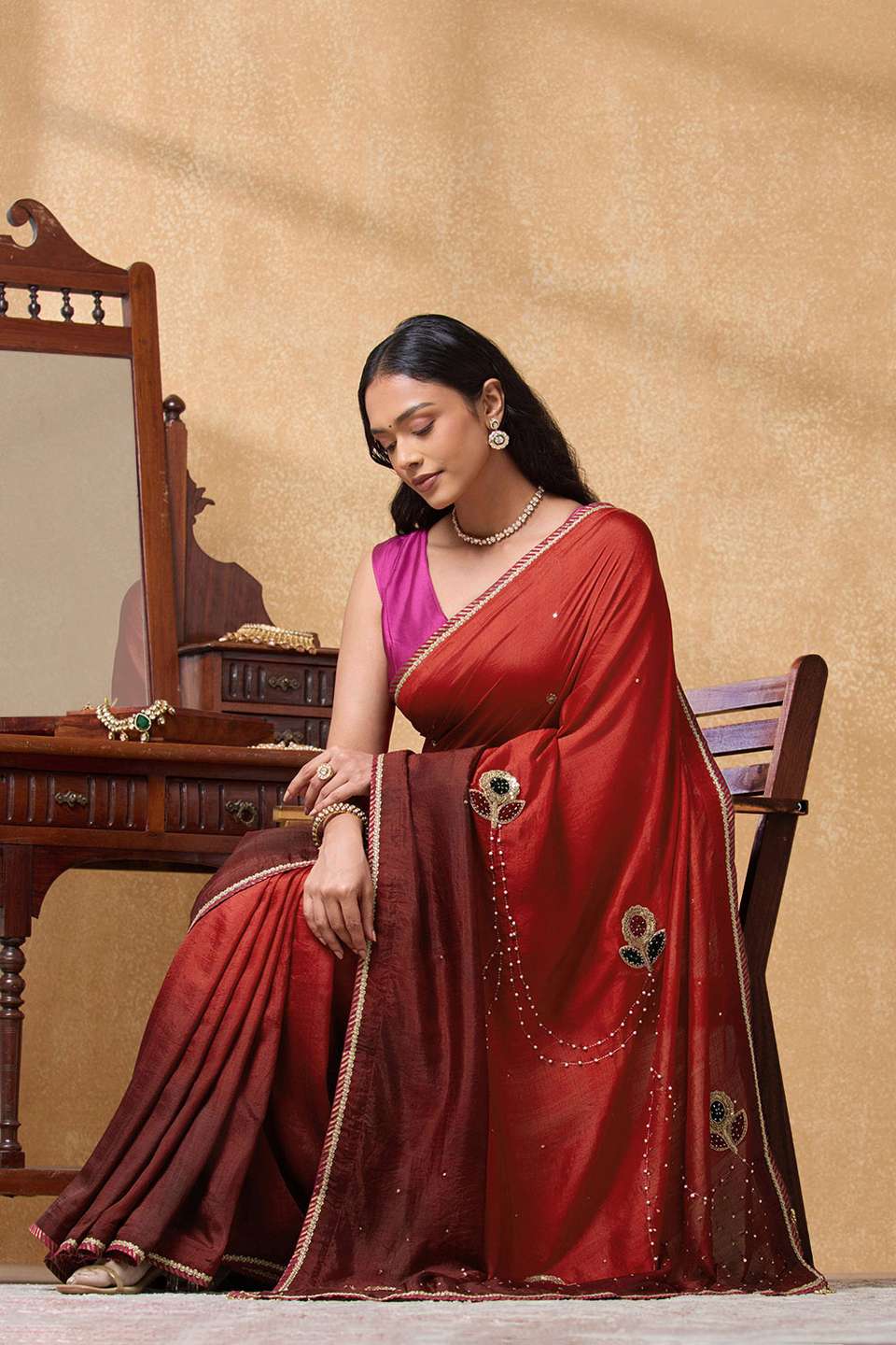 Red Pure Silk Embroidered Saree