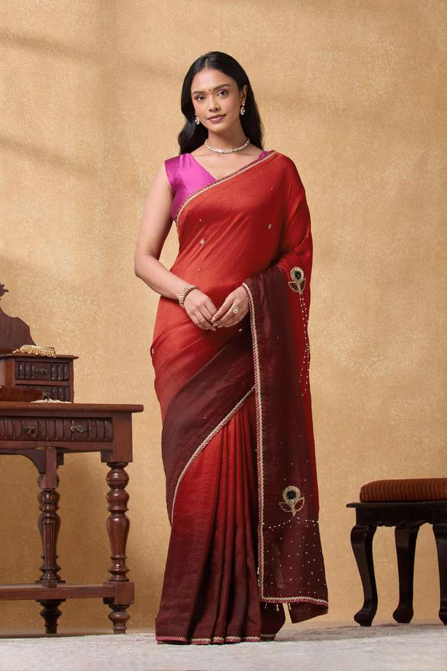 Red Pure Silk Embroidered Saree thumbnail image number null