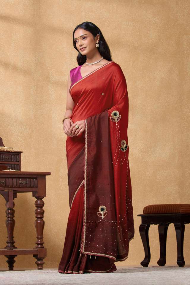 Red Pure Silk Embroidered Saree thumbnail image number null