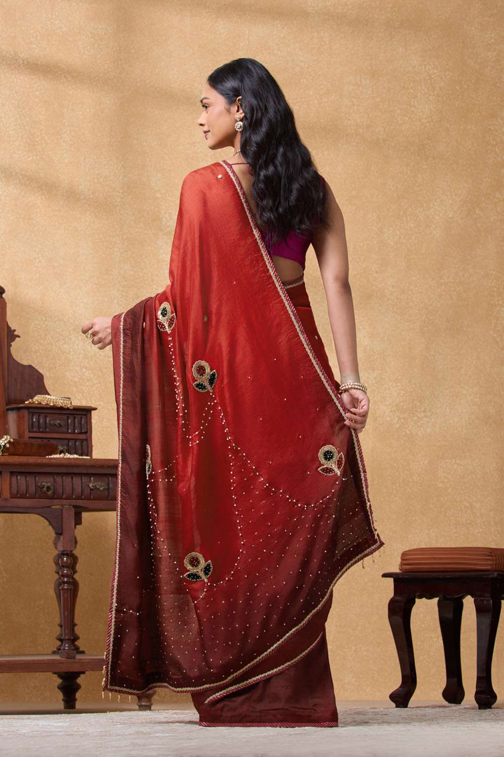 Red Pure Silk Embroidered Saree image number null